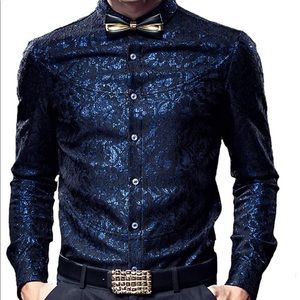 Navy Lace Embroidered Men’s Button Down Shirt
